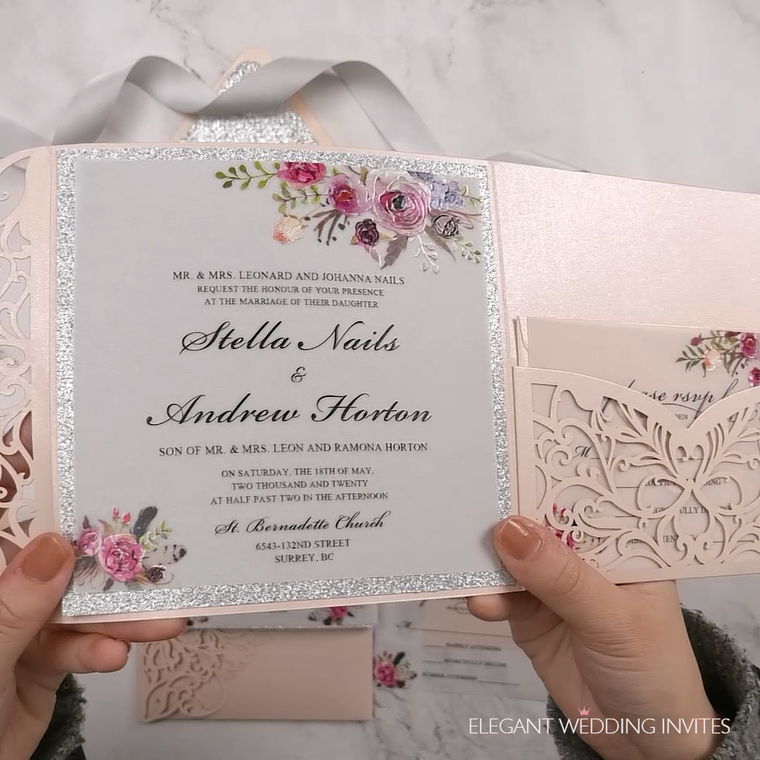 Blush Pink and Silver Laser Cut Pocket Wedding Invitation DIY Ideas -   14 laser cut wedding Invites ideas