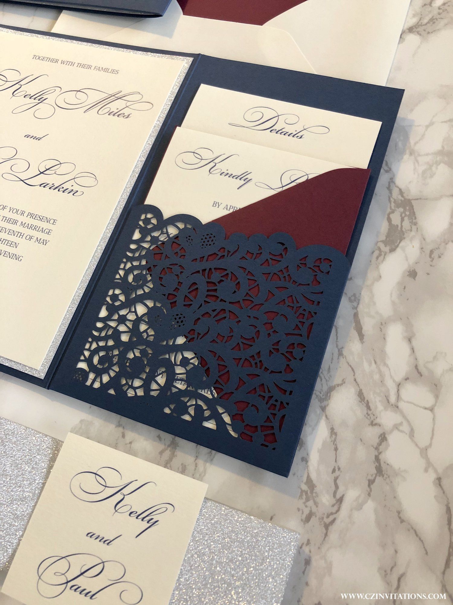 Navy and Burgundy Laser Cut Pocket Wedding Invitation — CZ INVITATIONS -   14 laser cut wedding Invites ideas