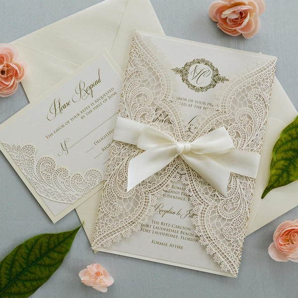 Ivory Laser Cut Wedding Invitation with Ivory Ribbon Bow - Deer Flower Shop -   14 laser cut wedding Invites ideas
