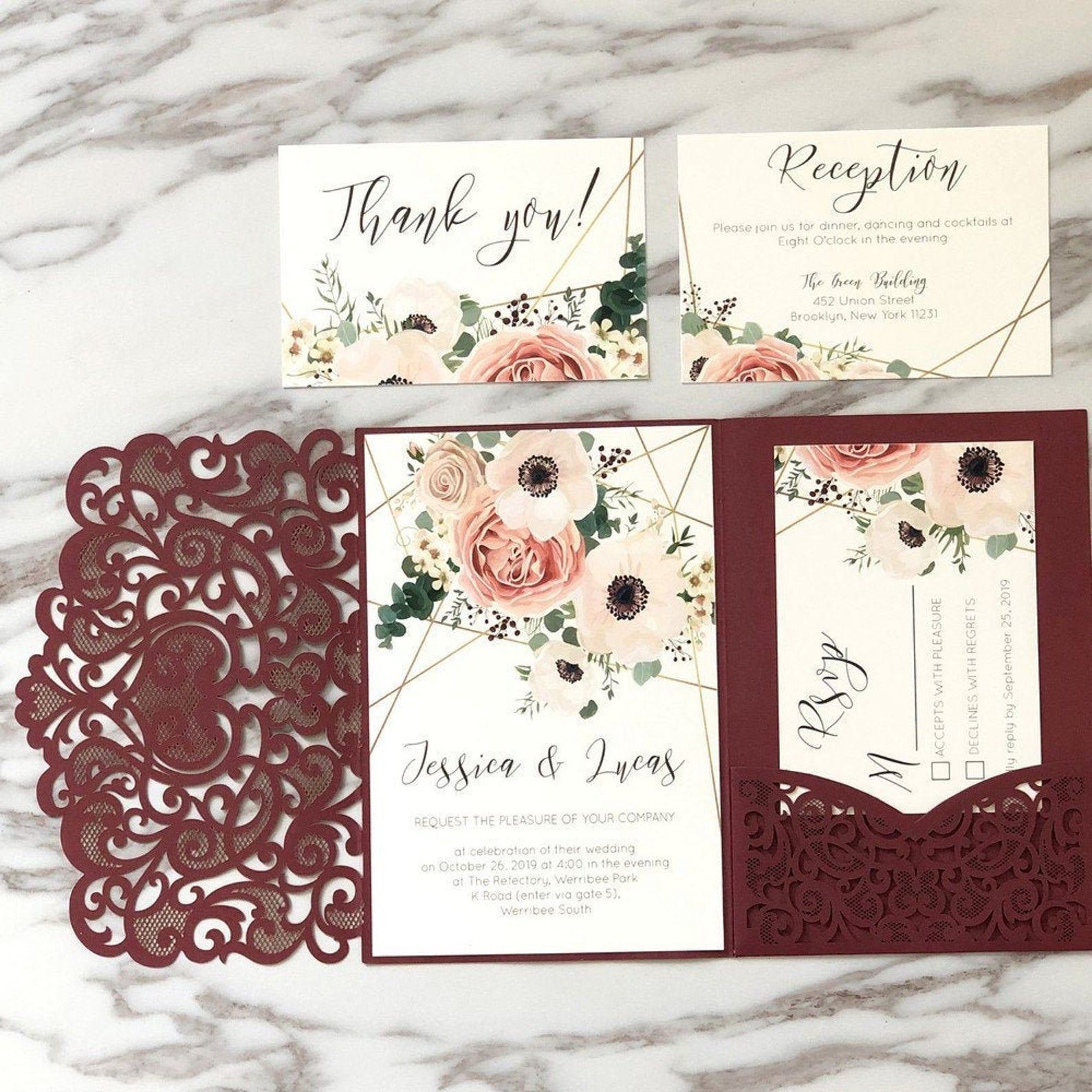 burgundy and pink wedding invitations with floral laser cut pockets FREE RSVP cards -   14 laser cut wedding Invites ideas