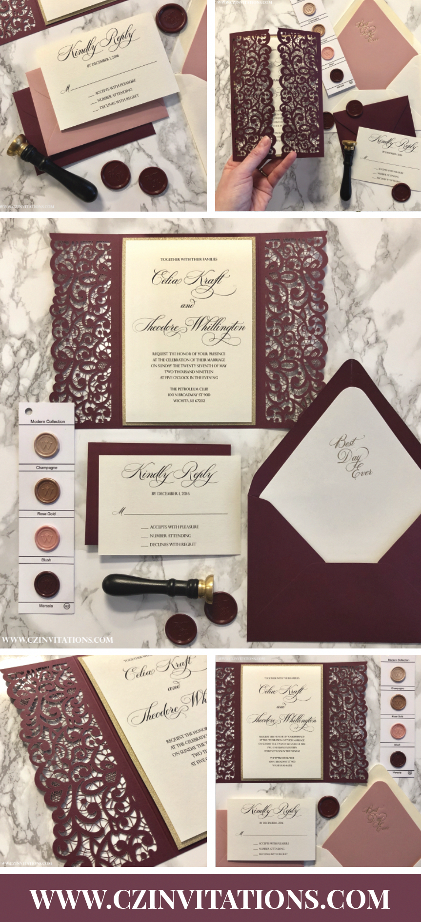 Burgundy and Dusty Pink Lace Laser Cut Gate Fold Wedding Invitation — CZ INVITATIONS -   14 laser cut wedding Invites ideas