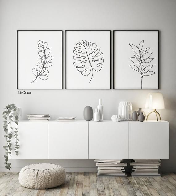 Botanical printable art, Set oj 3 Prints, One line drawing leaves, Minimalist Art plant, Scandi Poster Living Room Art -   14 minimalist planting Art ideas