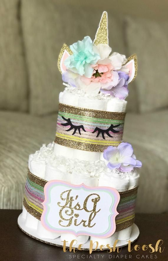 Unicorn Diaper Cake, Baby Shower Centerpiece Decor, Pink Purple Mint Gold Unicorn Baby Shower Mystical Magical Girl Floral Rainbow, 2 Tier -   16 cake Unicorn baby ideas