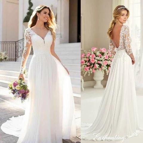 handmade custom dresses  White wedding dress with long sleeves, lace V neck and back -   16 wedding DIY dress ideas