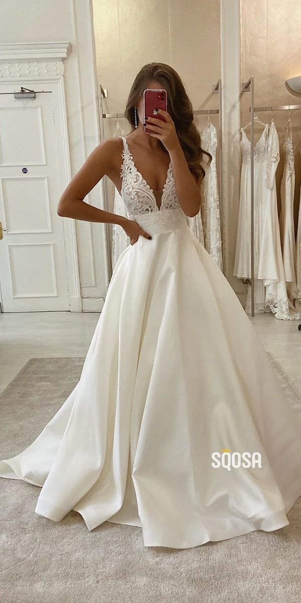 A-Line V-neck Lace Appliques Satin Wedding Dress Bridal Gowns QW0947 -   16 wedding DIY dress ideas