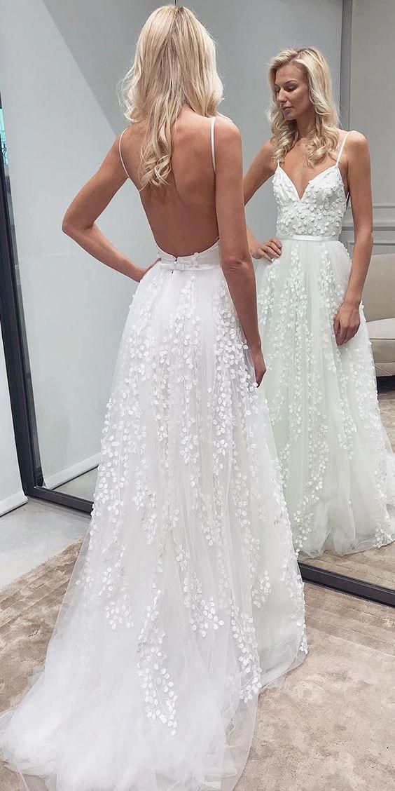 Charming A Line V Neck Open Back Spaghetti Straps White Lace Long Wedding Dresses -   16 wedding DIY dress ideas