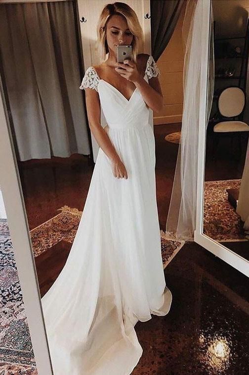 Simple A Line Chiffon Wedding Dresses Cap Sleeve V Neck Bohemian Beach Bridal Gowns -   16 wedding DIY dress ideas