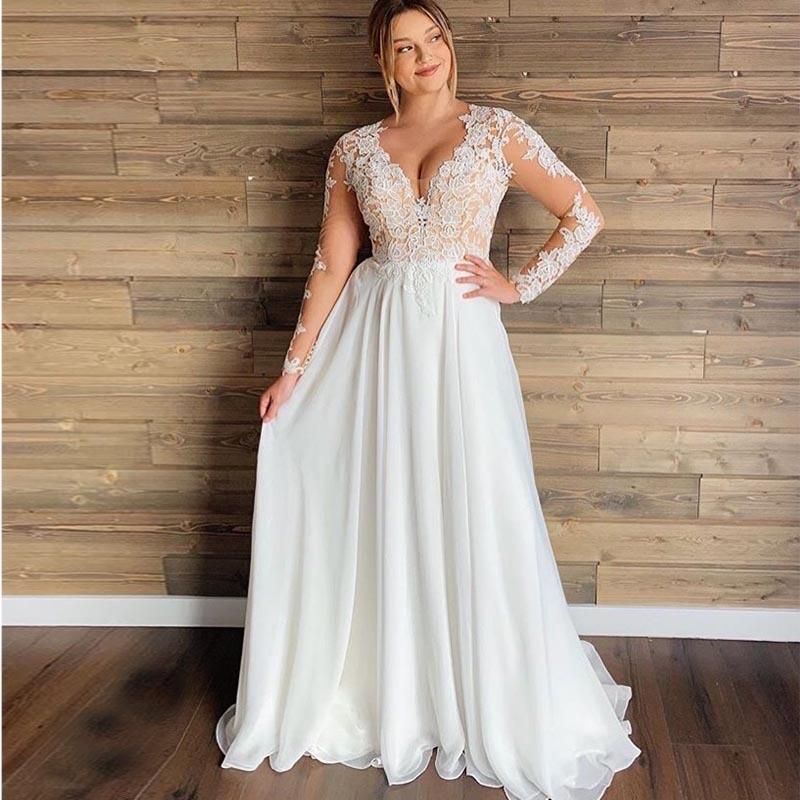Plus Size Wedding Dress V Neck Lace Appliques Long Sleeve Illusion -   17 dress Plus Size with sleeves ideas