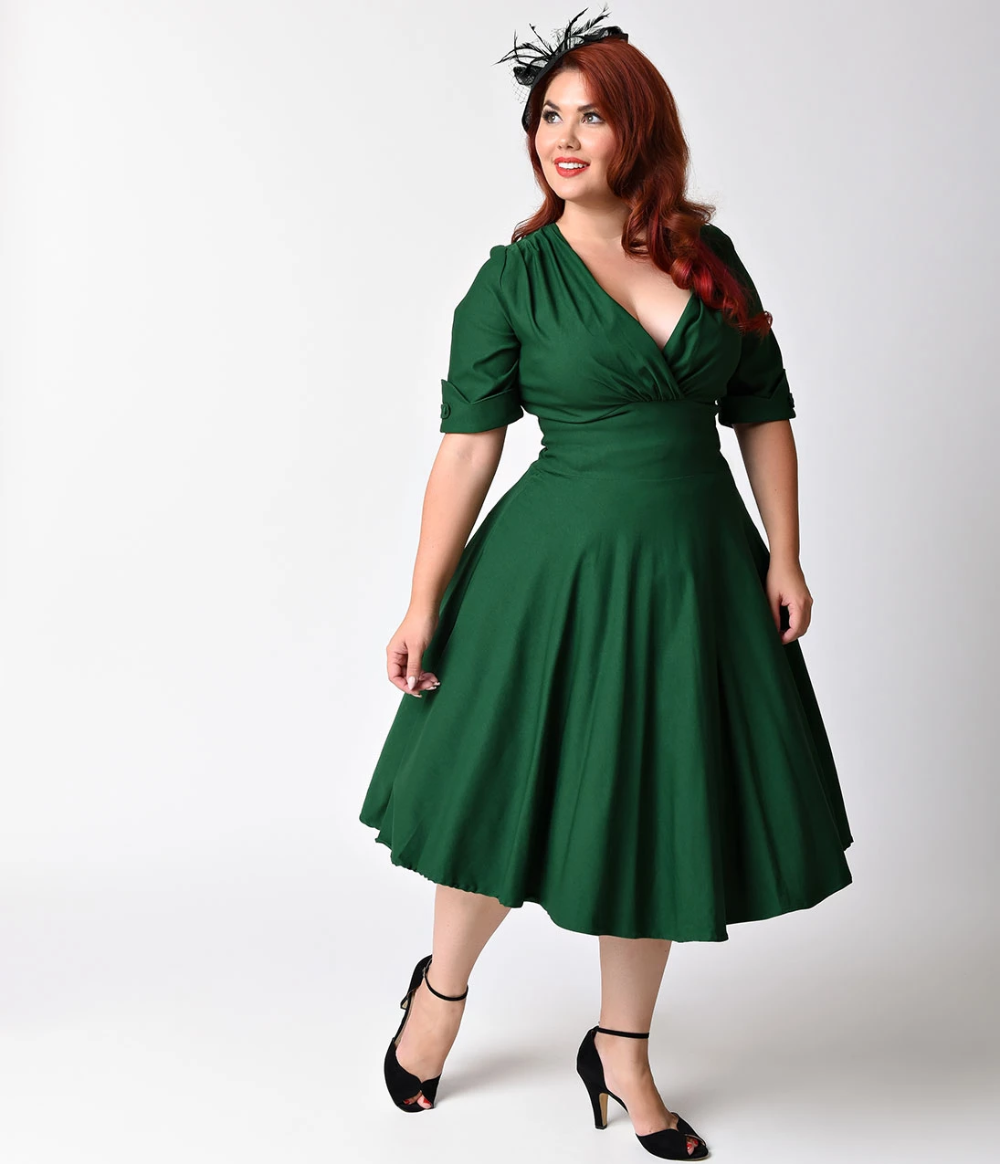 Unique Vintage Plus Size 1950s Emerald Green Delores Swing Dress with Sleeves -   17 dress Plus Size with sleeves ideas