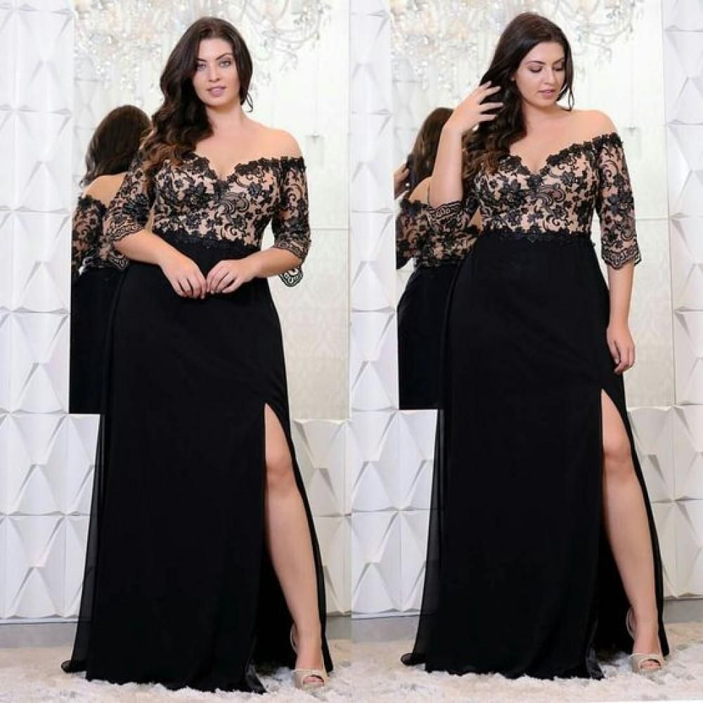 A Line Black Off Shoulder Half Sleeves Side Slit Plus Size Lace Prom Dress -   17 dress Plus Size with sleeves ideas