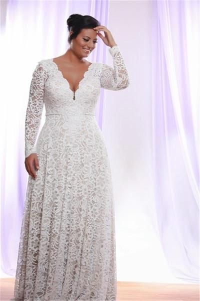 Removable Long Sleeves V Neck Floor Length A Line Lace Plus Size Wedding Dress-715402 -   17 dress Plus Size with sleeves ideas