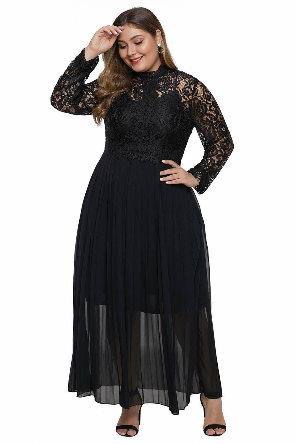 Black High Neck Long Sleeve Lace Plus Size Maxi Dress Top -   17 dress Plus Size with sleeves ideas