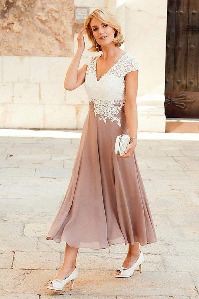 V-neck Chiffon Mother of the Bride Lace Dress with Cap Sleeves -   17 mother of the bride dress Plus Size ideas