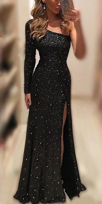 Elegant One-Shoulder Long Sleeve Spilt Sequined Black Evening Dress  CR 4556 -   18 black dress Long ideas