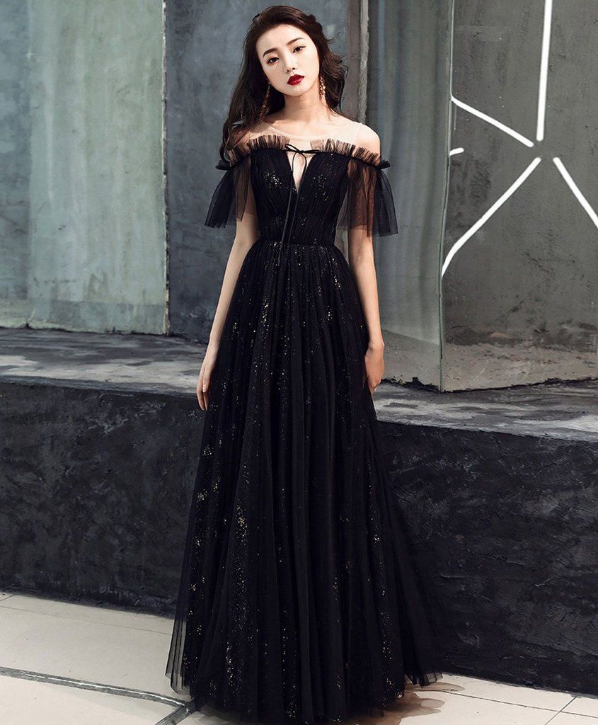 Cute black tulle off shoulder long prom dress black formal dress -   18 black dress Long ideas