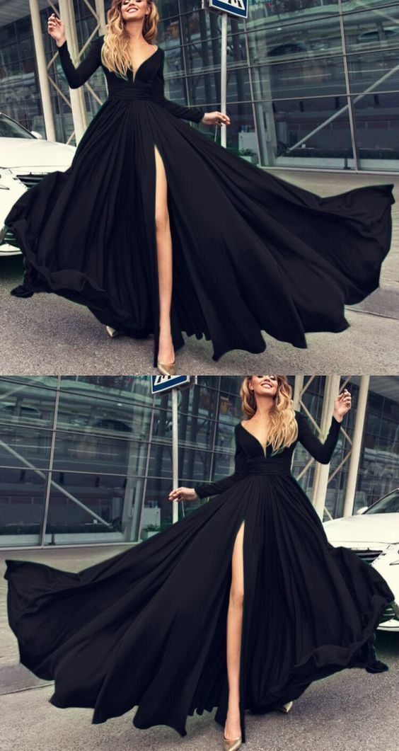 Prom Dresses Split, black prom dresses,long sleeves prom dresses,split evening dress,prom dresses 2020 HoCo Bridal -   18 black dress Long ideas