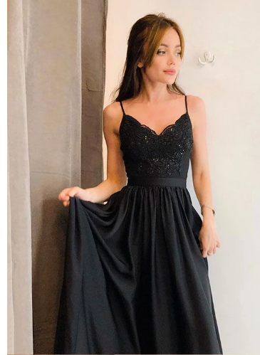 A-Line Spaghetti Straps black Long Prom Dress with Lace,2038 -   18 black dress Long ideas