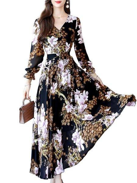 Women's ed Maxi Floral Print V Neck A Line Dress Belt Sweet Slim Mid Waist Long Sleeve dresses [Dresses 7076515] - $36.19 : Buy Cheap Dresses Online COOLBS Shop -   18 dress Maxi floral ideas
