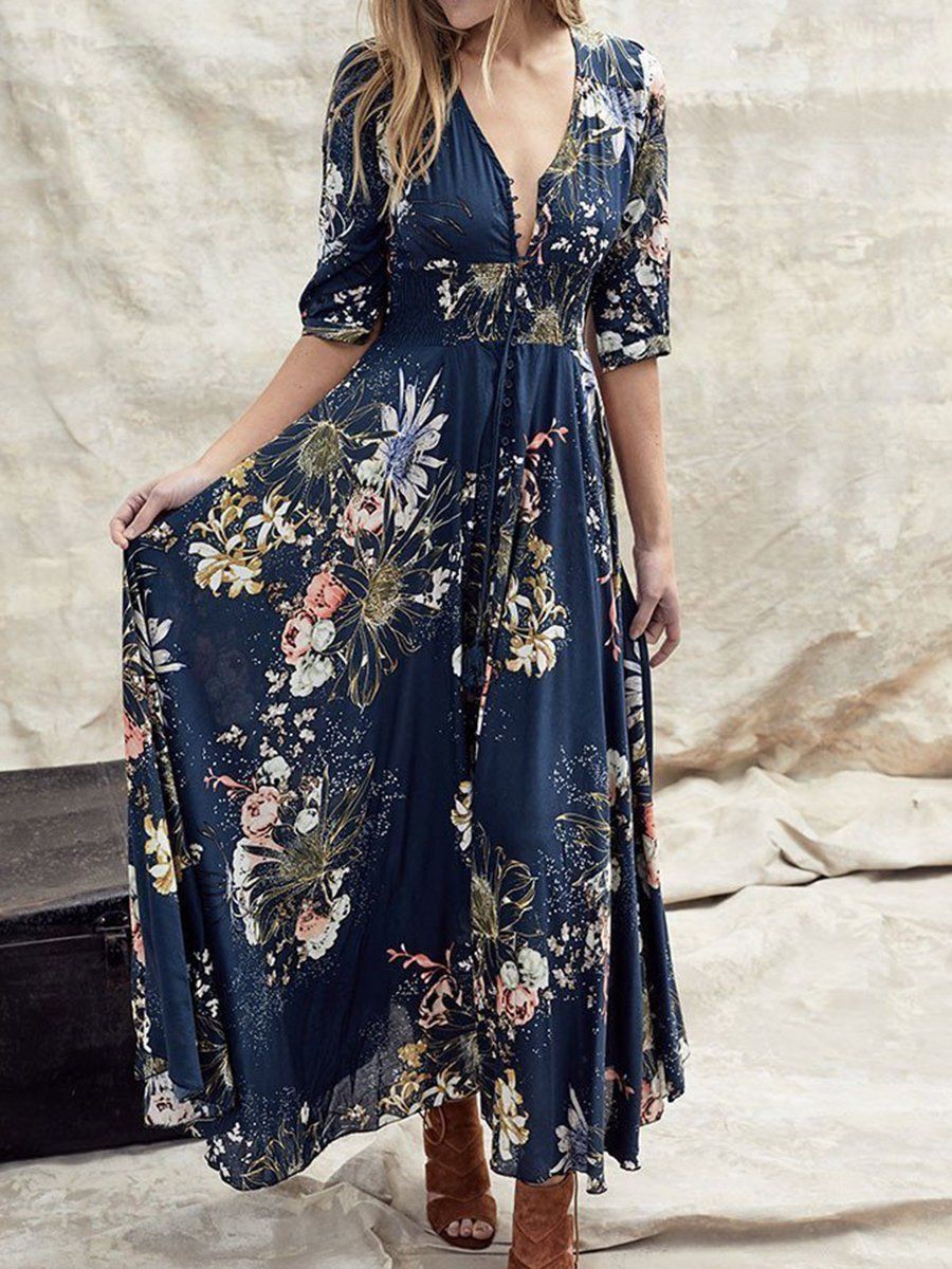 V Neck Women Summer Dresses A-Line Beach Chiffon Floral Dresses -   18 dress Maxi floral ideas