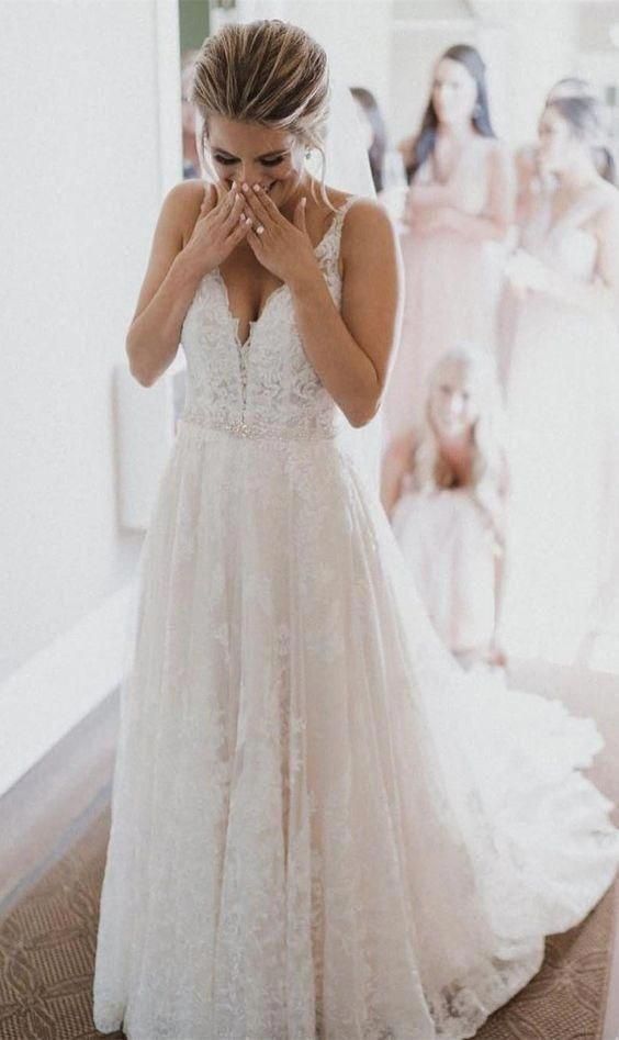 Gorgeous V Neck Ivory Wedding Gowns,Lace Appliques Backless Long Wedding Dresses, Cheap Bridal Dresses, Wedding Dresses -   18 wedding Gown 2019 ideas