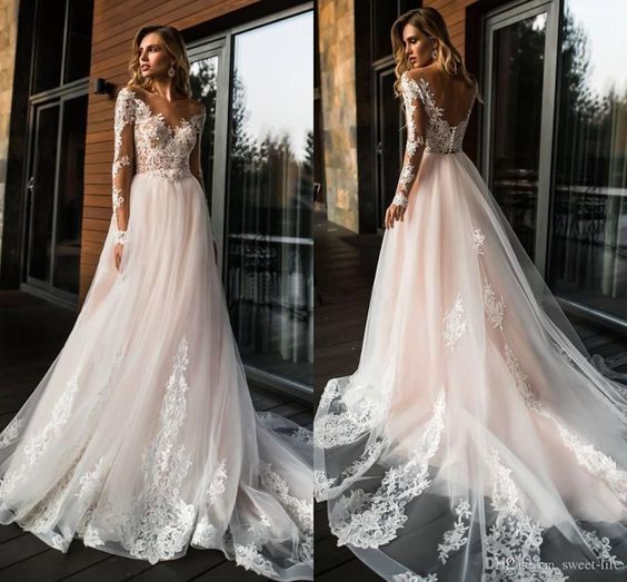 V-neck lace bridal gown tulle long-sleeved gown light champagne trailing dress elegant country gown -   18 wedding Gown 2019 ideas
