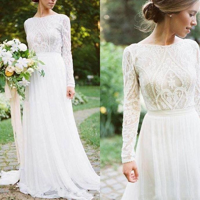 Bateau Neck A Line Lace Wedding Gowns 2019 Bohemian Country Wedding Dresses With Long Sleeve Applique Chiffon Boho Bridal Gowns -   18 wedding Gown 2019 ideas