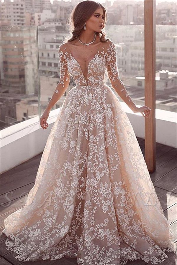 Beautiful Lace Applique Wedding Dresses | Long Sleeves Floral Bridal Gowns -   18 wedding Gown 2019 ideas