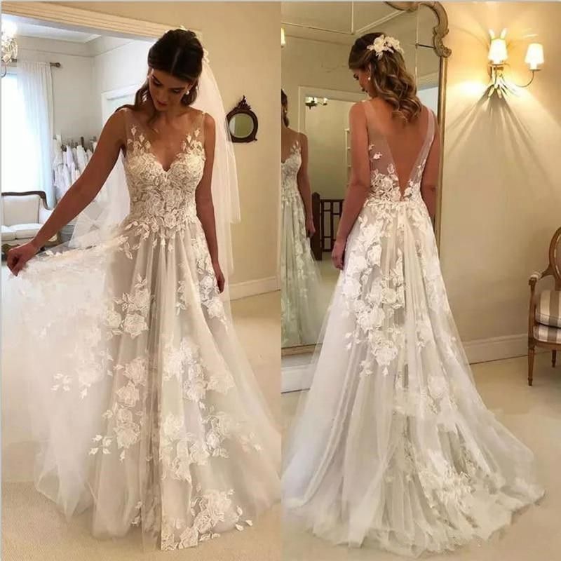 Lace Appliques Boho Wedding Dress Backless Beach Gown -   18 wedding Gown 2019 ideas