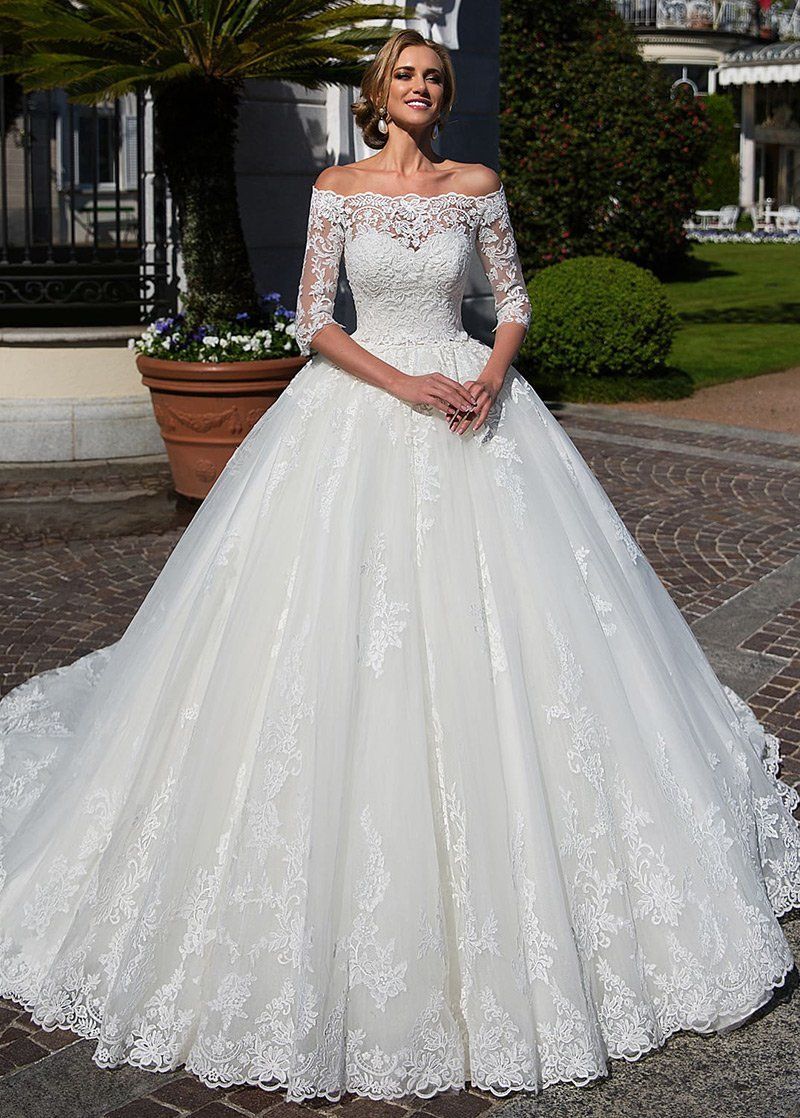 Lace Wedding Dress, Attractive Tulle Off-the-shoulder Neckline Ball Gown Wedding Dress With Lace Appliques & Beadings & Detachable Jacket Ftw Bridal UK -   18 wedding Gown 2019 ideas