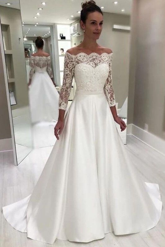 Off-the-shoulder Lace Sleeve Wedding Gown with Satin Skirt from NarsBridal -   18 wedding Gown 2019 ideas