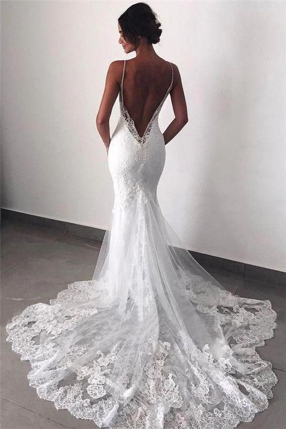 Sexy Mermaid Spaghetti Straps Wedding Dresses Lace Appliques Wedding Gowns with Tulle W1035 -   18 wedding Gown 2019 ideas