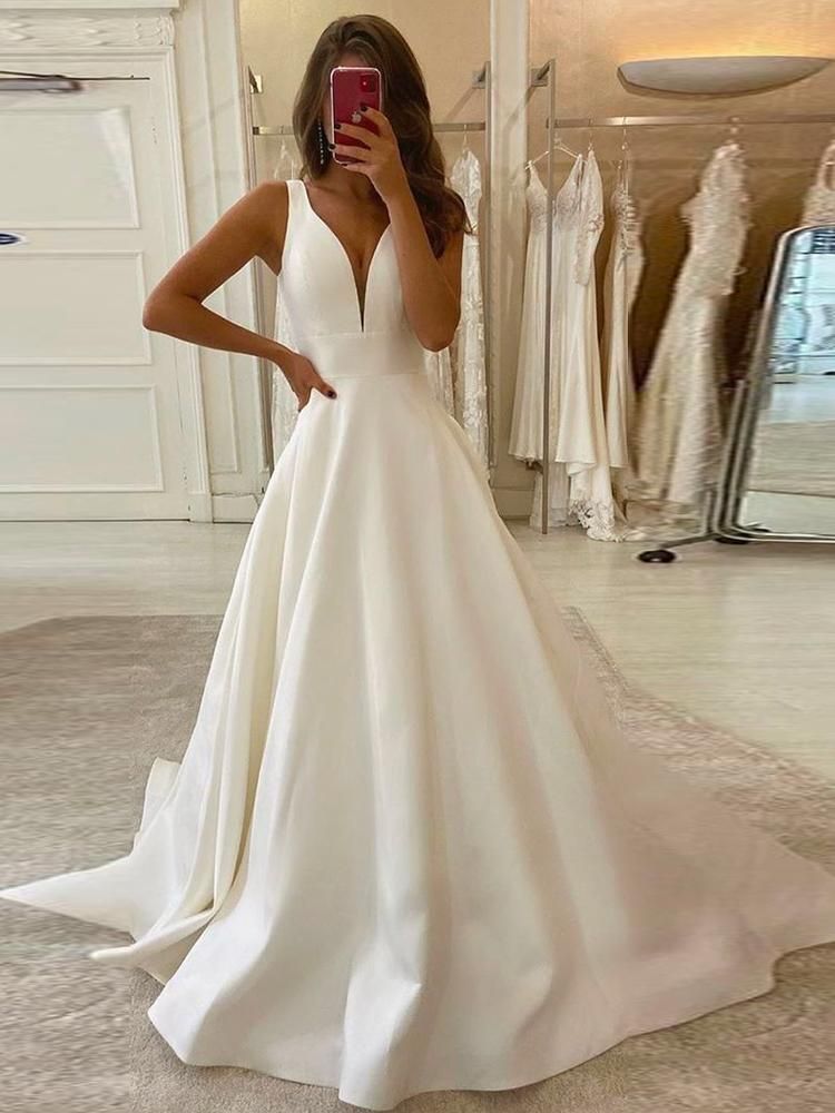 onlybridals A-Line V-neck Ivory Satin Simple Wedding Dress Backless Bridal Gowns -   18 wedding Gown 2019 ideas