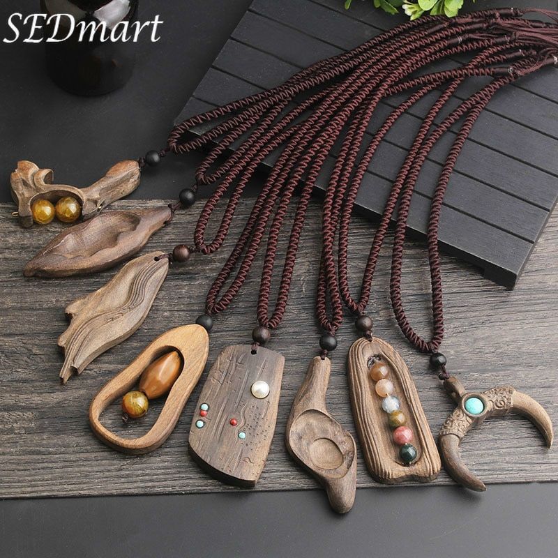SEDmart Vintage Sandalwood Natural Stone Pendant Necklace for Women and Girls Long Sweater Chain Adjustable Jewelry GiftSouvenir - SHOP THE NATION -   20 women’s jewelry Necklace stone pendants ideas