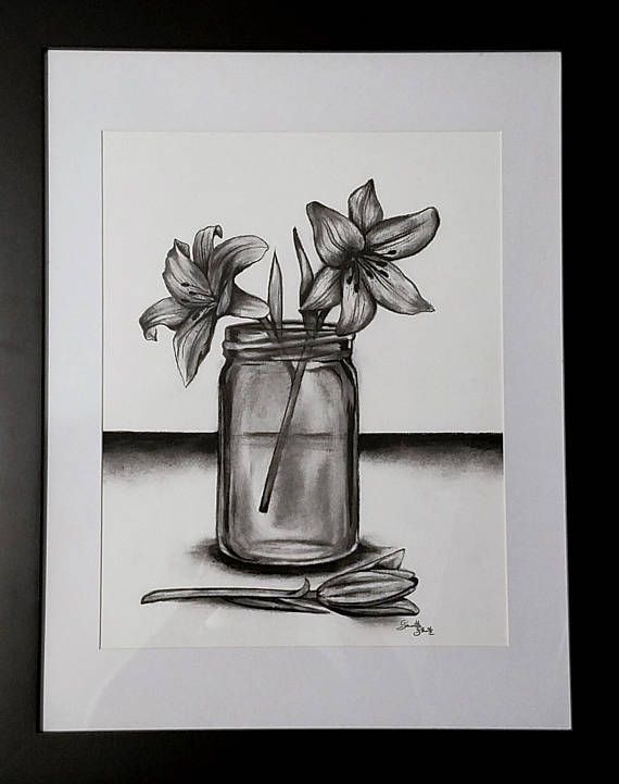 Items similar to Lilies in a Mason Jar, Framed Charcoal Drawing on Etsy -   13 planting Drawing charcoal ideas