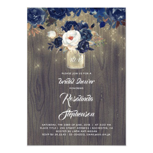 Navy Floral Mason Jar Rustic Bridal Shower Invitation | Zazzle.com -   15 wedding Rustic mason jars ideas