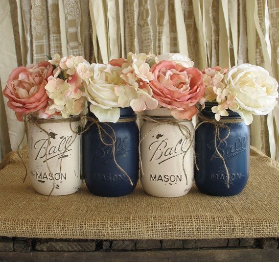 SALE!!! Set of 4 Pint Mason Jars, Ball jars, Painted Mason Jars, Flower Vases, Rustic Wedding Centerpieces, Navy Blue And Creme Mason Jars -   15 wedding Rustic mason jars ideas