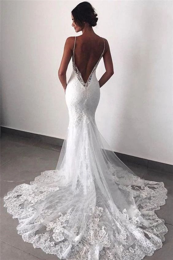 Sexy Mermaid Spaghetti Straps Wedding Dresses Lace Appliques Wedding Gowns with Tulle W1035 -   16 dress Ball spaghetti straps ideas