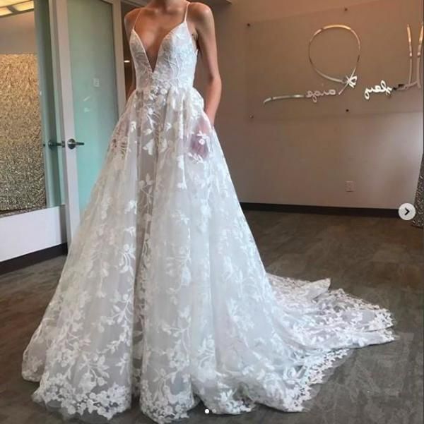 A Line Deep V Neck Lace Appliques Ball Gown Spaghetti Straps Wedding Dress with XHNPST10230 -   16 dress Ball spaghetti straps ideas