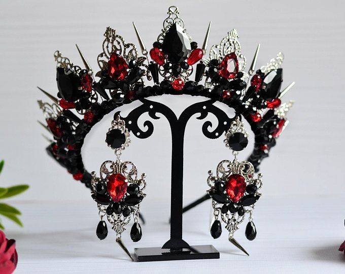 Black and red wedding crown,  Gothic wedding crown, Black crystal bridal tiara, Red wedding crown, Wedding crown Gothic earrings Black crown -   16 hair Black wedding ideas