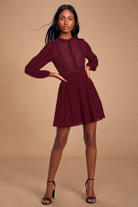 Charlisa Burgundy Lace Long Sleeve Skater Dress -   17 dress Skater burgundy ideas