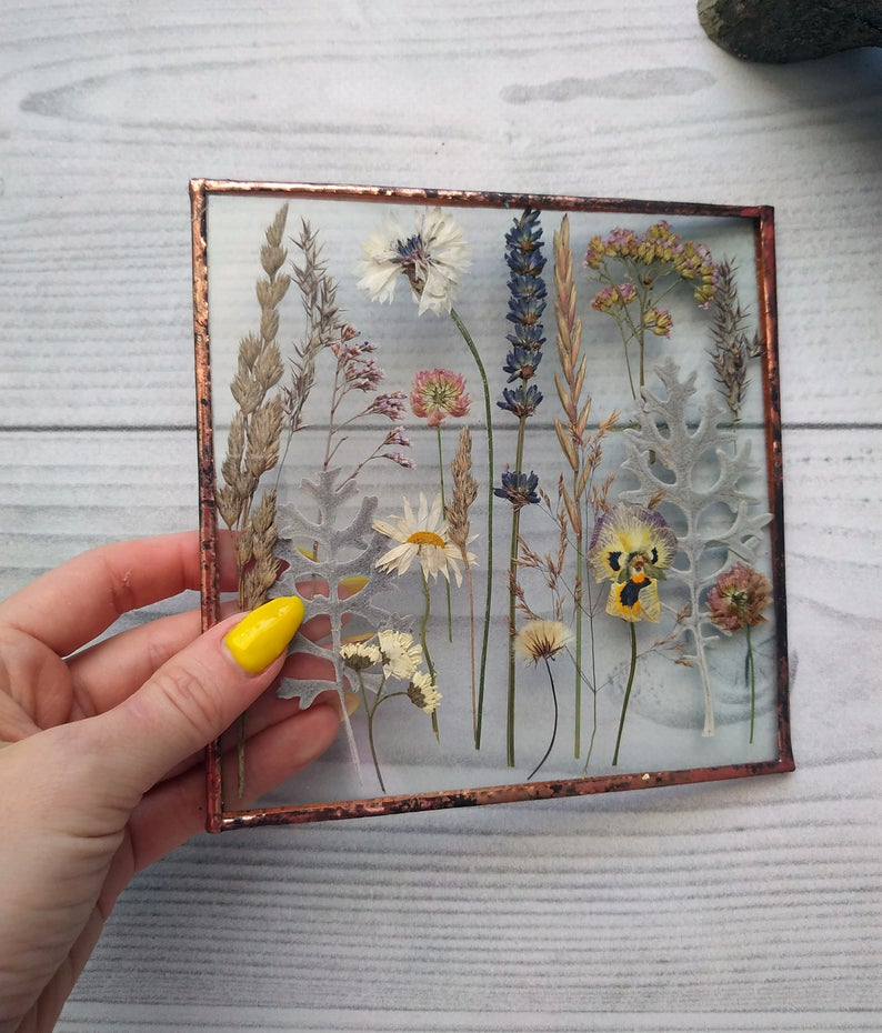 Pressed flower stained glass, pressed flower art, dried flower art, framed pressed botanicals on wood stand herbarium 6*6in -   18 cute planting Art ideas