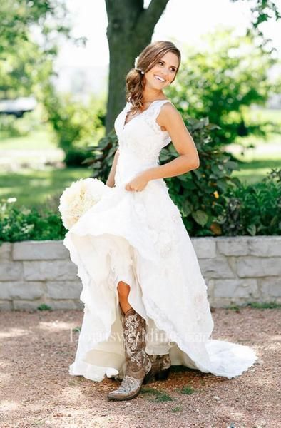 Lace Country V Neck Sexy Bridal Gown With Cap Sleeves-715380 -   19 country wedding Dresses ideas