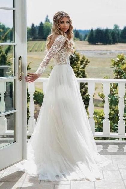 Chic A-Line Long Sleeves Lace Bodice See Through Wedding Dresses Backless Country Wedding Dress US$ 279.00 AVPPY73AEE8 - dresses-vip -   19 country wedding Dresses ideas