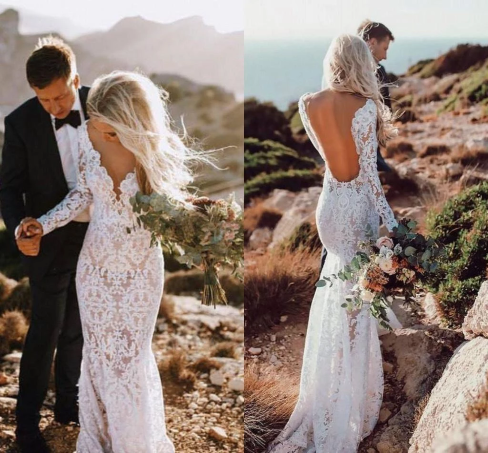 See Through V Neck Lace Rustic Wedding Dresses Long Sleeve Mermaid Wedding Dress RS812 -   19 country wedding Dresses ideas