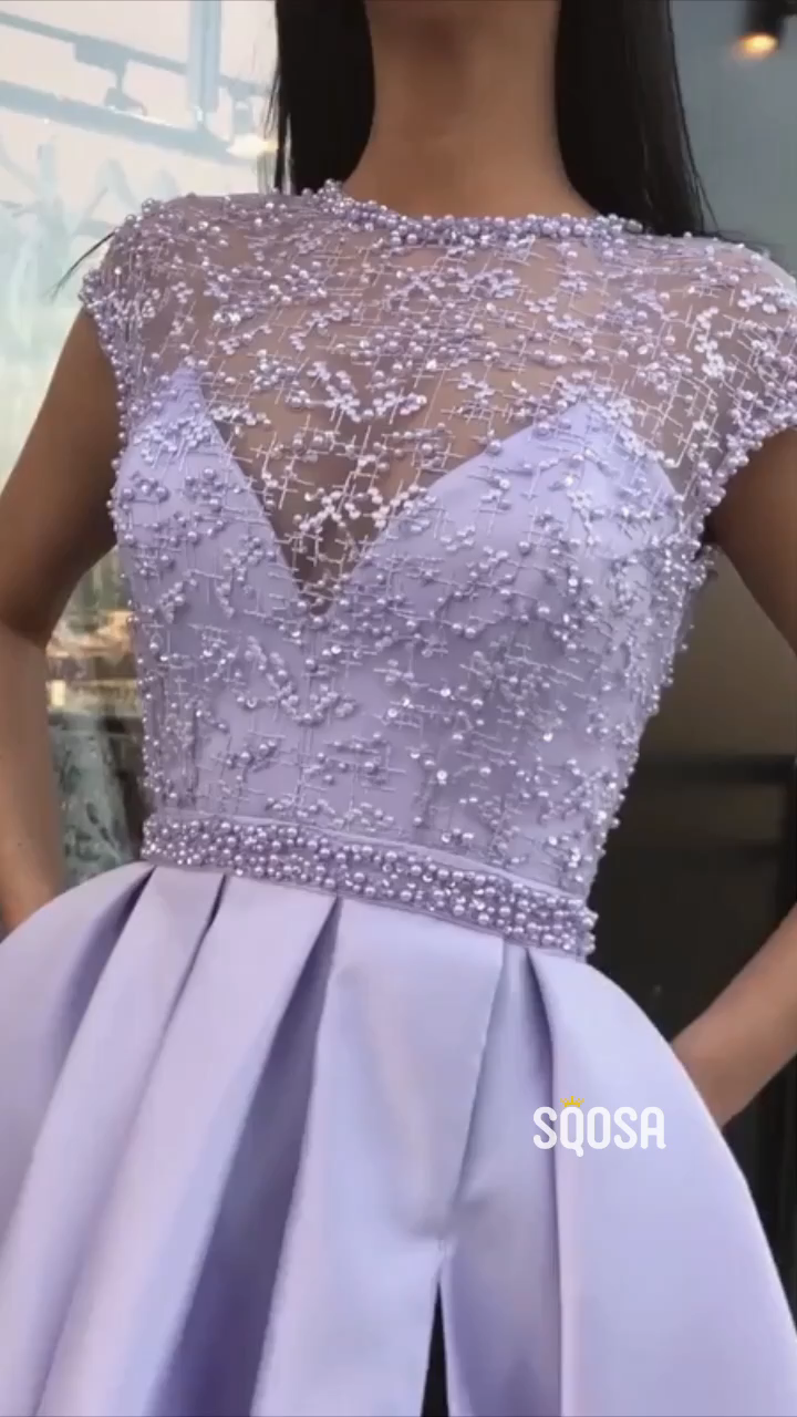 A-Line Lilac Satin Illusion Lace Top with Beadings High Split Long Prom Dress with Pockets QP1320 -   19 cute dress With Sleeves ideas