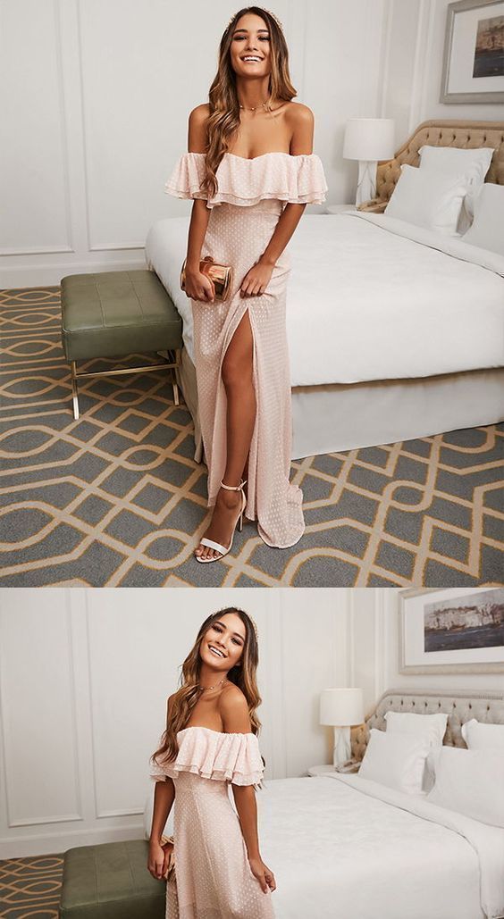 Charming A-Line Off the Shoulder Pale Pink Chiffon Long Prom Dresses with Split,Summer Evening Party Dresses   ML4092 -   14 dress Evening party ideas