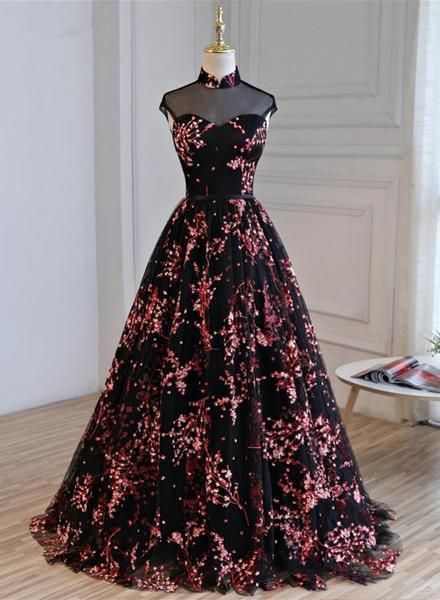 Gorgeous Black Tulle Long Formal Gown, Floral Evening Party Dress -   14 dress Evening party ideas