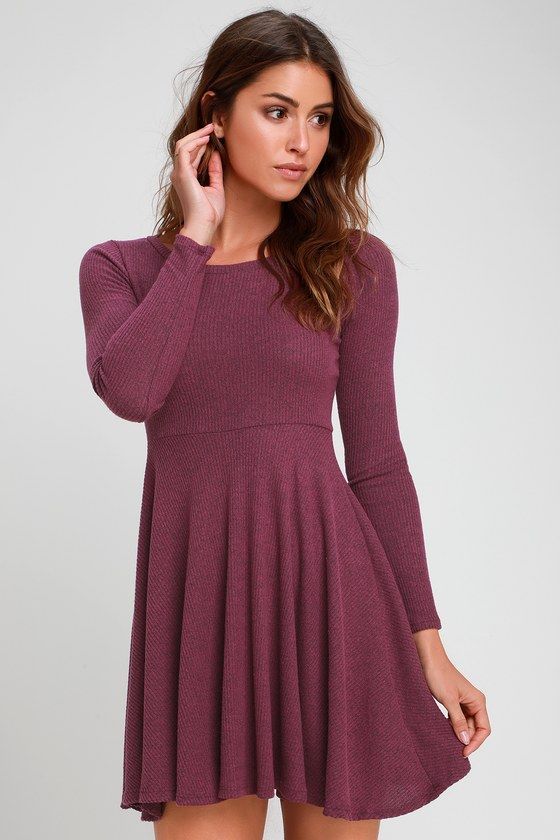 Fit and Fair Mauve Purple Ribbed Knit Long Sleeve Skater Dress -   14 dress For Teens skater ideas