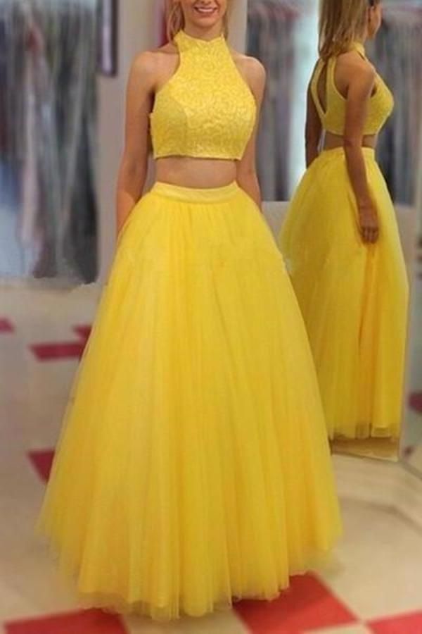 Yellow tulle two pieces O-neck A-line long prom dress XHNPST14553 -   15 dress Largos amarillos ideas