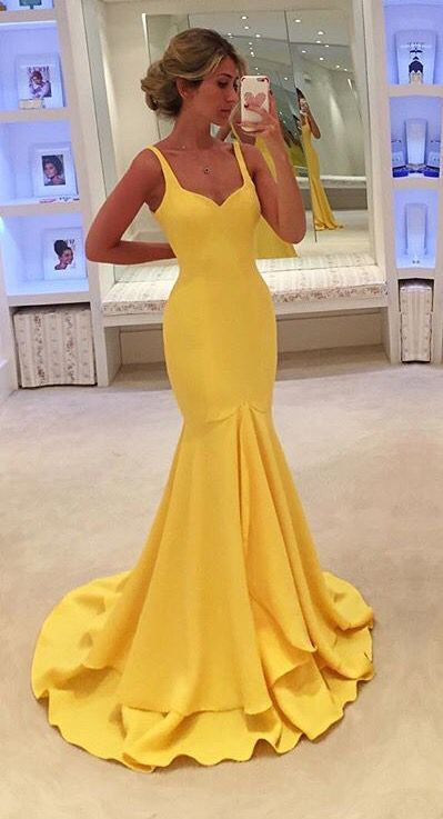 Yellow Satin Sweetheart Shoulder Straps Floor Length Mermaid Prom Dress Featuring Sweep Train -   15 dress Largos amarillos ideas
